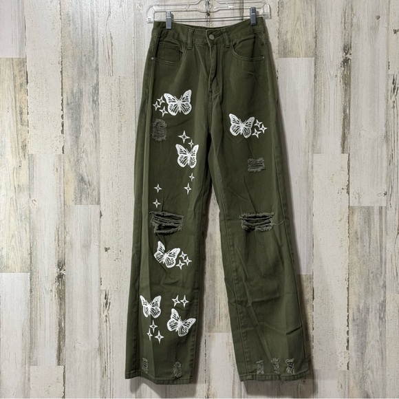 SHEIN Denim - SHEIN Olive Green Butterfly Straight Loose Fit Jeans